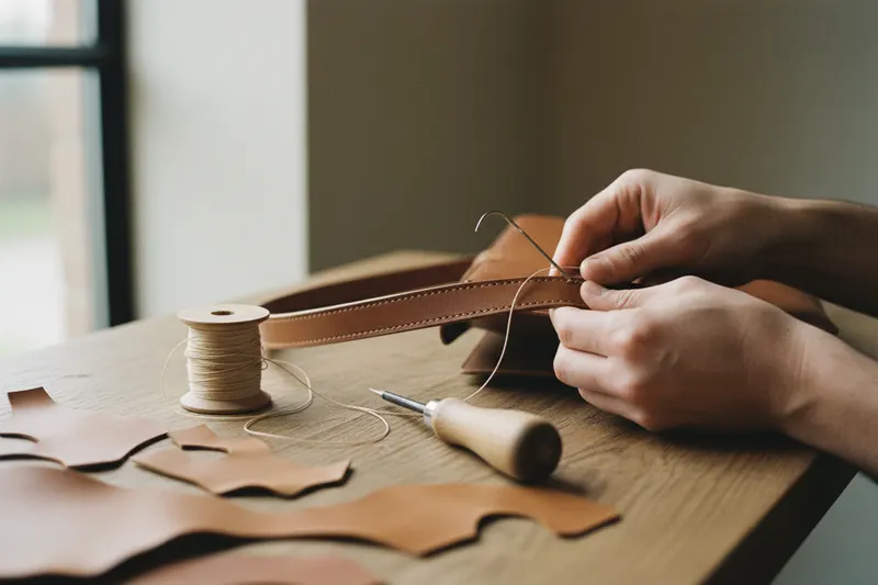 An artisan hand-stitching the strap of a brown leather handbag