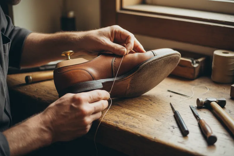 A cobbler's hands re-stitching the sole of a brown leather shoe