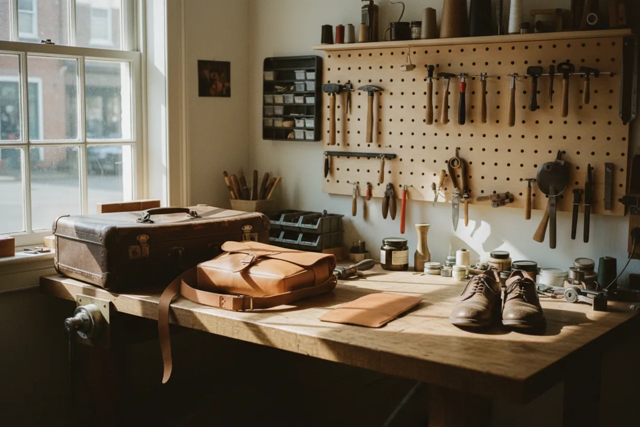 A repair workbench with leather bags, a vintage suitcase, shoes and hand tools in warm daylight