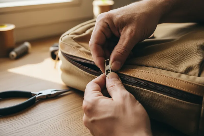 Close-up of hands fitting a new zipper slider on a tan backpack